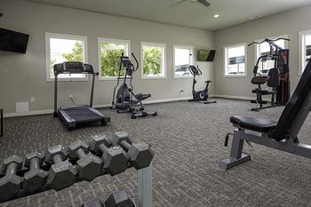 A well-equipped home gym with various exercise machines and dumbbells.